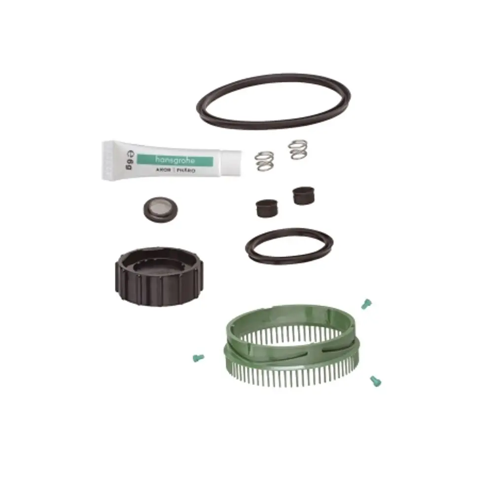 Hansgrohe Ersatzteilset mit verschiedenen Dichtungen, Ringen, Federn, einem schwarzen Kunststoffteil, einer grünen Halterung und einer Tube Dichtungsmittel.
